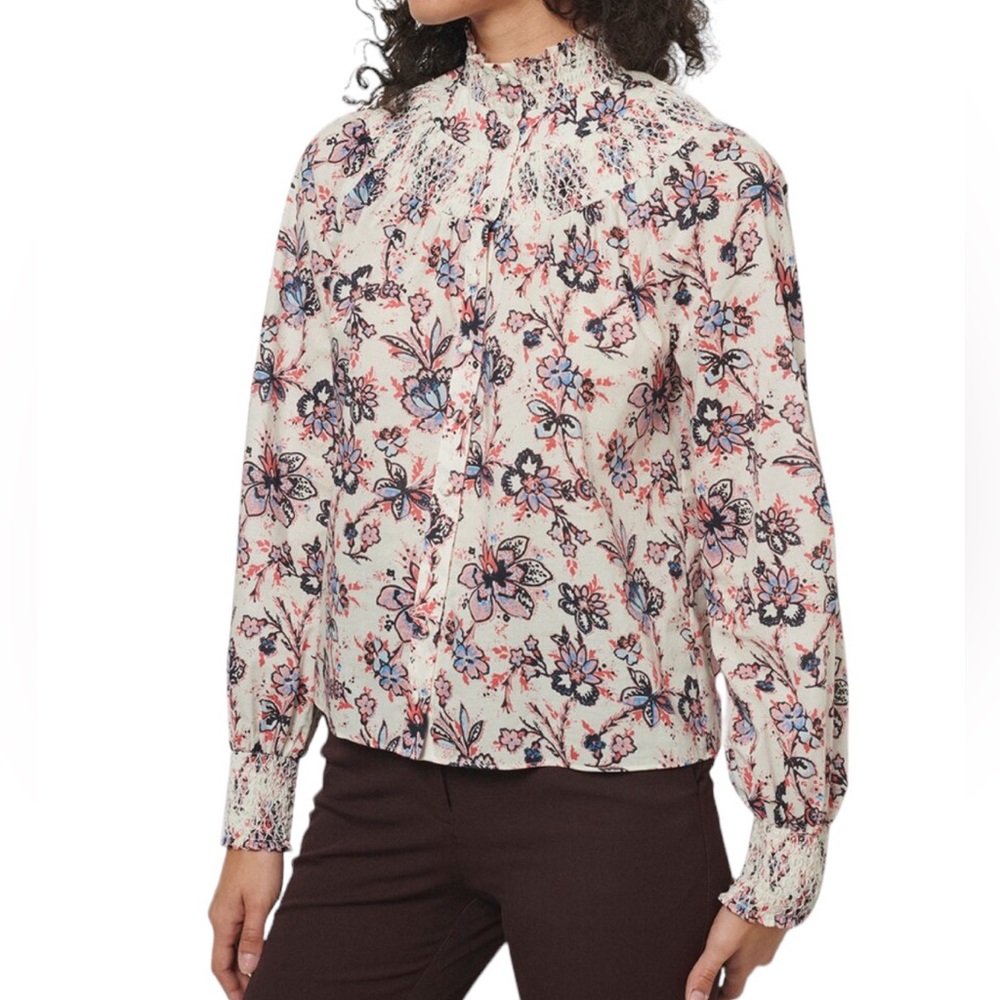 Derek Lam 10 Crosby Helen Smocked Floral-Print Cottagecore Blouse Shirt - Sz 8